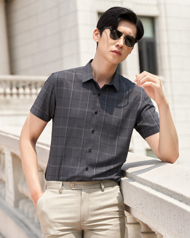 Áo Sơ Mi Ngắn Tay Nam Họa Tiết Kẻ 2049 Xám