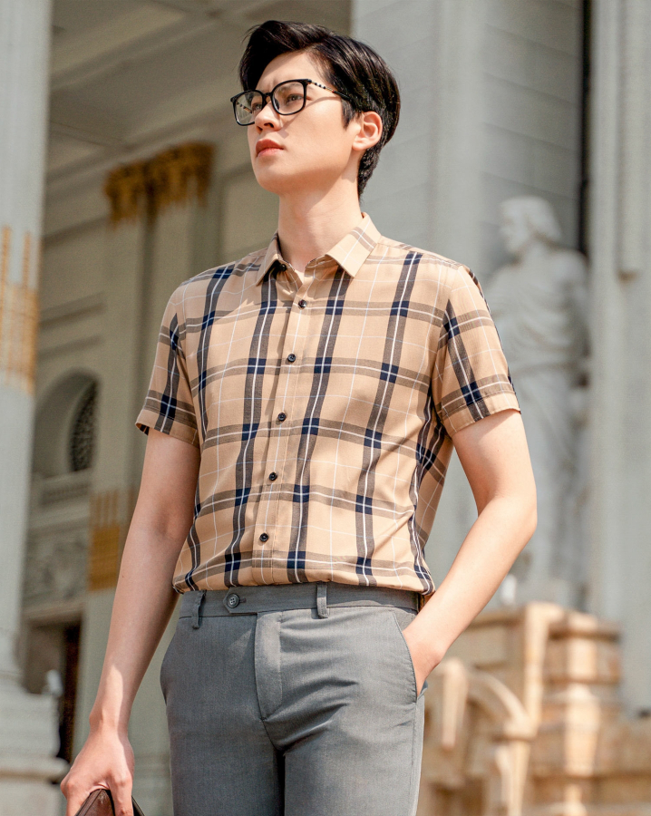 Áo Sơ Mi Ngắn Tay Nam Họa Tiết Kẻ Caro 2045 Nâu