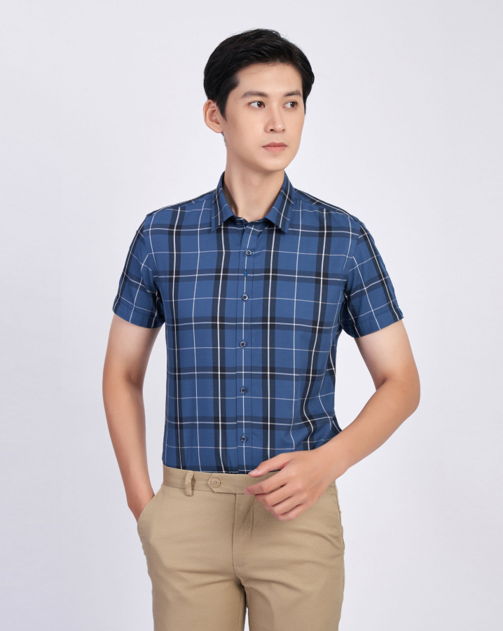 Áo Sơ Mi Ngắn Tay Nam Họa Tiết Kẻ Caro 2044 Xanh
