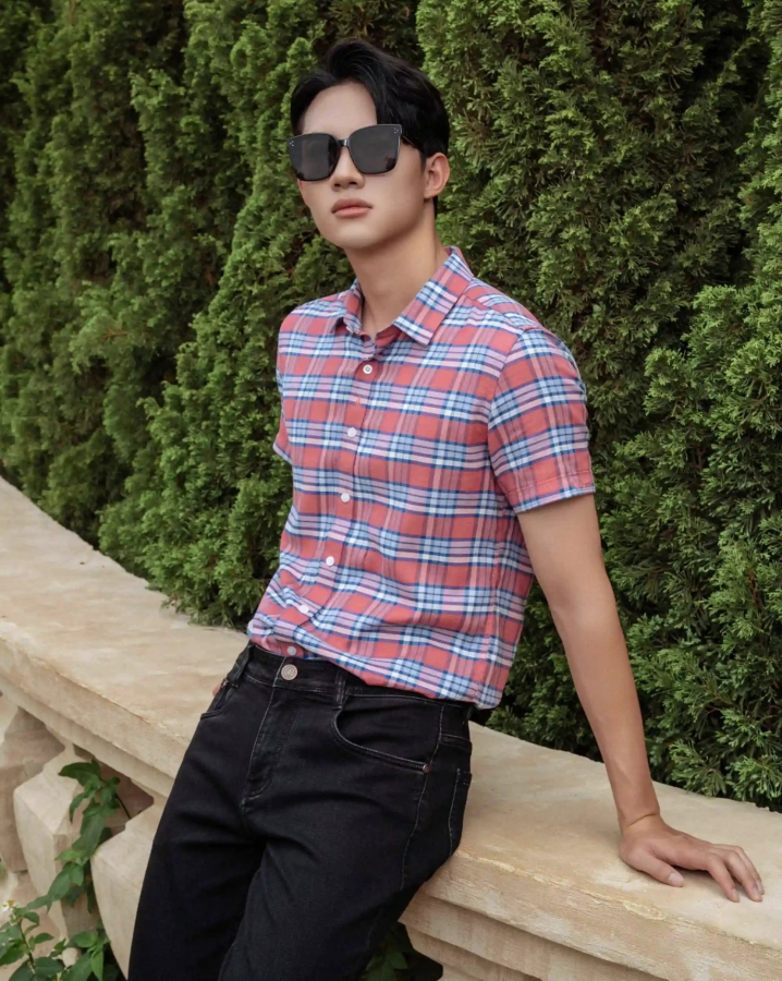 Áo Sơ Mi Ngắn Tay Nam Họa Tiết Kẻ Phối 3020 - Đỏ
