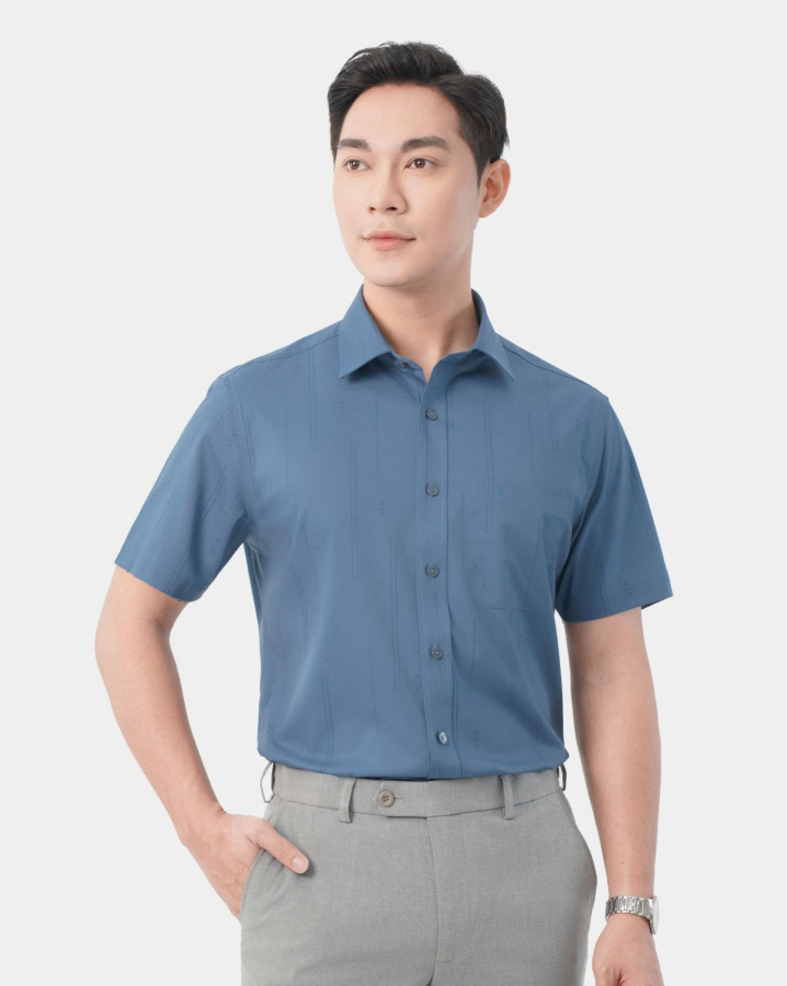 Áo Sơ Mi Ngắn Tay Nam In Họa Tiết 5016 - Xanh Đậm