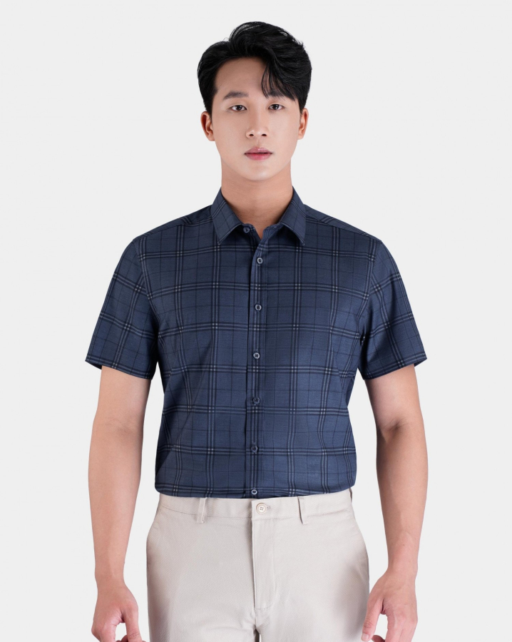 Áo Sơ Mi Ngắn Tay Nam Kẻ Caro 4029 - Xanh Tím Than