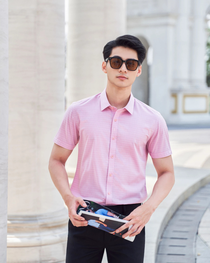 Áo Sơ Mi Ngắn Tay Sợi Sen Kẻ Chìm 2017 Hồng
