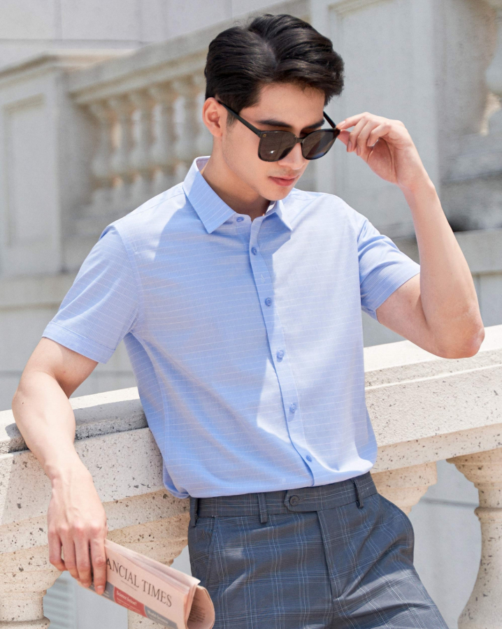 Áo Sơ Mi Ngắn Tay Sợi Sen Kẻ Chìm 2018 Xanh Da Trời