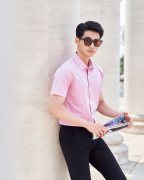 Áo Sơ Mi Ngắn Tay Sợi Sen Kẻ Chìm 2017 Hồng