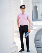 Áo Sơ Mi Ngắn Tay Sợi Sen Kẻ Chìm 2017 Hồng