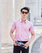 Áo Sơ Mi Ngắn Tay Sợi Sen Kẻ Chìm 2017 Hồng