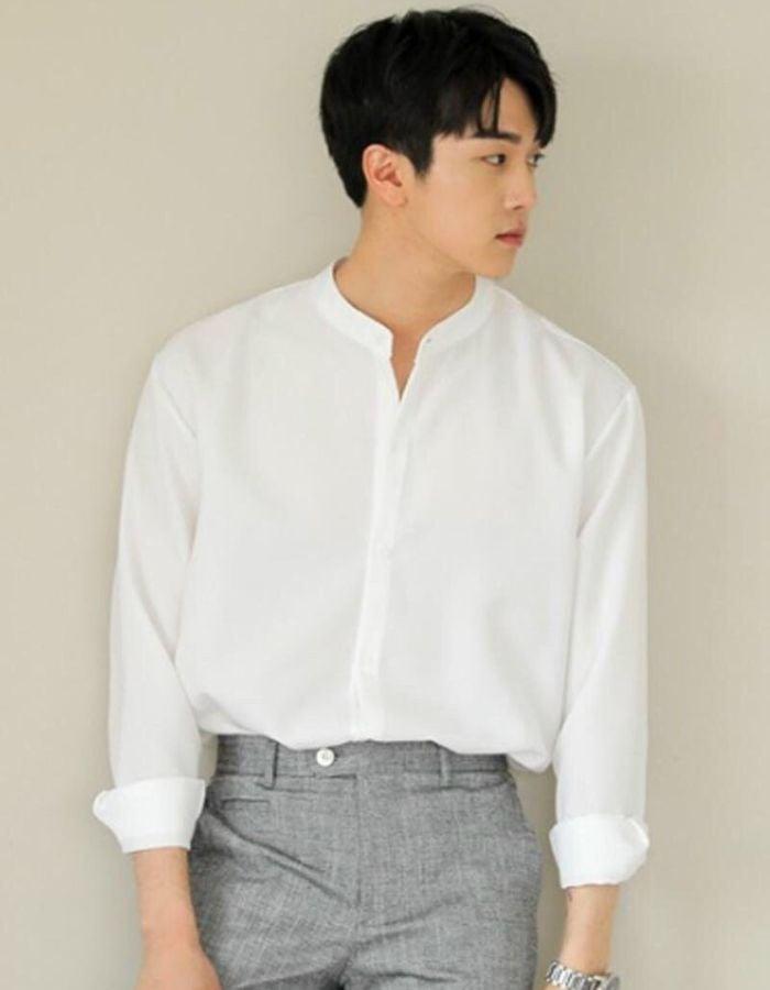 Áo Sơ Mi Cổ Trụ Hàn Quốc Đẹp, Top 11 Mẫu Sơ Mi Cổ Tàu Cách Điệu Cho Nam 2